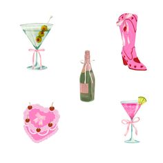 four different types of cocktails and drinks on a white background with pink ribbon around them