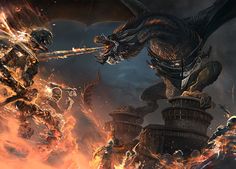 an image of a dragon attacking a demon in the dark knight game, with flames coming out of its mouth