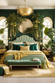 Step into the Emerald Haven, a dream bedroom where gold and green reign supreme. This sanctuary boasts an emerald tufted headboard, golden accents, and an abundance of lush plants. The serene green shades, paired with opulent gold, create an ambiance of regal tranquility. Elegant furnishings, nautical round mirrors, and a botanical embrace complete the scene. The Emerald Haven is the ultimate retreat for the senses, a place where luxury and nature craft an unparalleled harmony. Modern Bedroom Lighting, Green Bedroom Design, Simple Bed Designs, Green Bedroom Decor, Penthouse Living, Bed Design Ideas, Art Deco Bedroom, Deco Bedroom, Interior Design Per La Casa