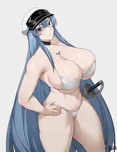 Light Blue Hair, Akame Ga, Military Hat, Bare Shoulders, Black Choker, Nico Robin, Very Long Hair, Chest Tattoo, Anime Dragon Ball