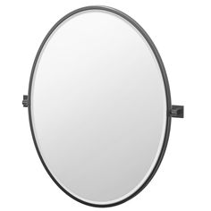 a round mirror on a white background with black trimmings and an adjustable metal frame