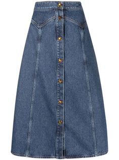 Chloé A-line button-up Denim Skirt - Farfetch Chloe Clothing, Skirt Midi, Faded Denim, Mid Length Skirts, Line Skirt, Denim Midi Skirt, Dolce E Gabbana, Washed Denim