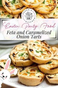 an easter party food plate with mini pizzas and onion tarts