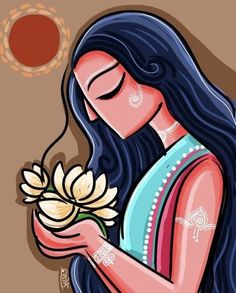 a painting of a woman with long hair holding a flower in her hands and the sun behind her