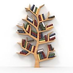 a tree shaped book shelf filled with books