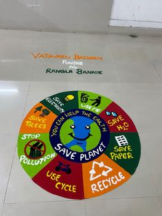 a circular sign on the floor in front of several different logos and colors for various businesses