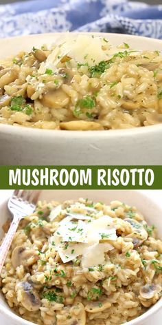 mushroom risotto in a white bowl with parmesan cheese and parsley