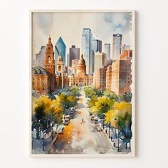 a watercolor painting of a cityscape with trees and buildings in the background