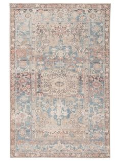 an antique rug with blue, pink and beige colors on the bottom half of it