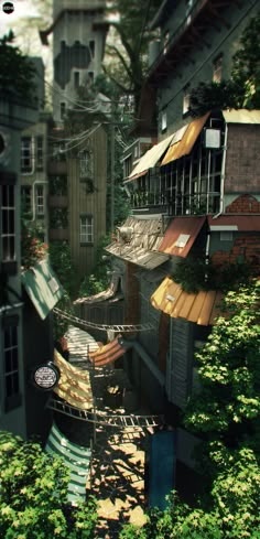 an aerial view of some buildings and trees