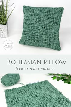 a green crochet pillow sitting next to a potted plant