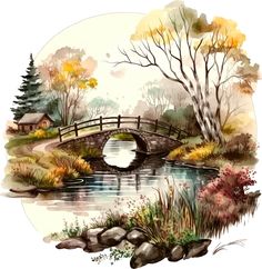 a painting of a bridge over a river