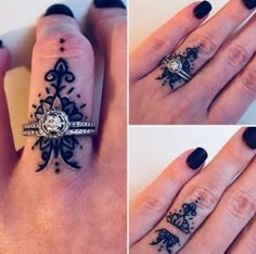 four pictures of different designs on someone's finger and hand, including an elephant ring