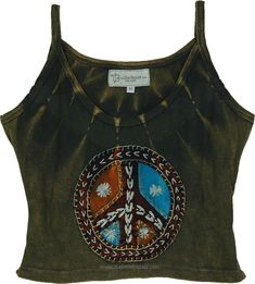 This knit cotton crop top features a distinctive peace sign applique on the front, blending bohemian style with a vintage-inspired design.  The top is rich, earthy green with subtle tie-dye, giving it a retro, laid-back vibe. #tlb #Sleeveless #Stonewash #Embroidered #vacationclothing #bohemianfashion #Handmade #JuniorPetite #Hippiepeacetop Peace Sign Applique, Indie Skirt, Hippie Fits, Manifesting Board, Hippie Tank Tops, Bohemian Outfits, Aesthetic Styles, Hippie Clothing, Hippie Top