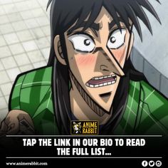 an anime character with long black hair and big eyes looks at the camera, while text reads tap the link in our bio to read the full list