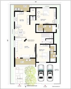 a floor plan with two cars parked in the garage and an apartment on the other side