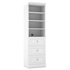 a tall white bookcase with drawers and measurements for the bottom drawer, side view