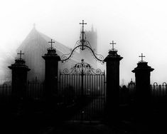 an iron gate with crosses on it and a church in the backgroung