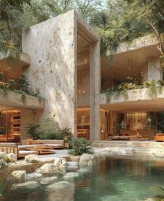 the house is surrounded by trees and rocks with plants growing out of it's windows