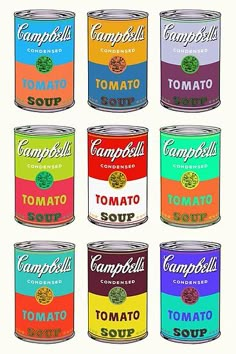 six cans of soup are shown in different colors and font options for each type of soup