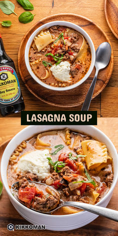 two bowls of lasagna soup on a wooden table