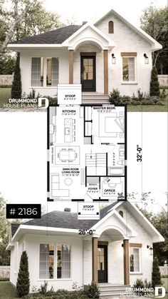 two story house plans are shown with the floor plan for each room and one bedroom