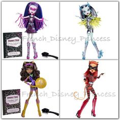 four dolls with different costumes and hair