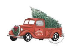 an old red truck with a christmas tree on the back is parked in front of a white background