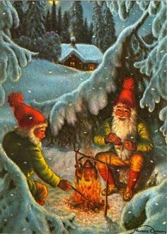 two gnomes roasting marshmallows in the snow by a campfire