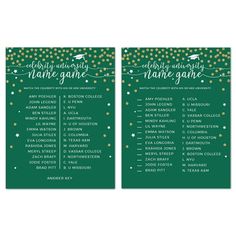 two green and gold confetti themed game cards with the names of each event