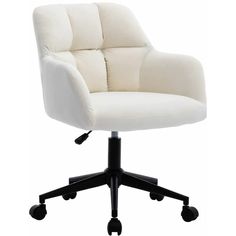 a white office chair with black wheels and casteors