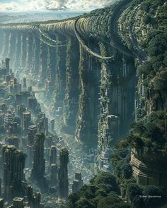 an artist's rendering of a futuristic city surrounded by trees