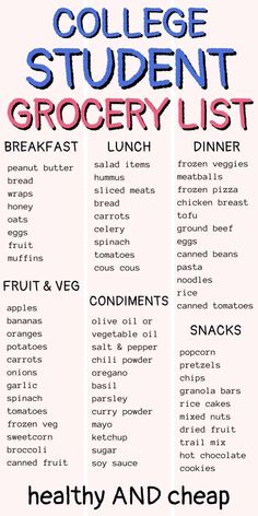 the college student grocery list is shown in red and blue, with words that read healthy and cheap