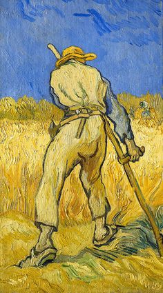 a painting of a man walking through a wheat field with a stick in his hand