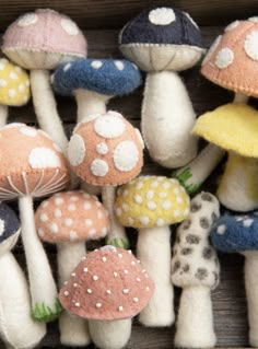 a box filled with lots of different colored mushrooms on top of each other and one small mushroom in the middle