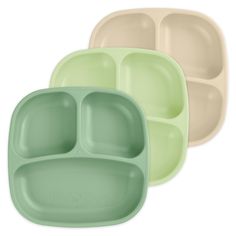 three green and beige divided plates on a white background