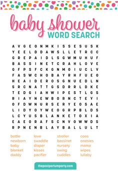 the baby shower word search is shown in pink, green and orange colors with polka dots