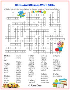 a crossword puzzle with the words club and class word fill in