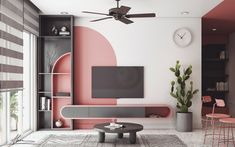 a living room with pink walls and furniture in the center, along with a clock on the wall