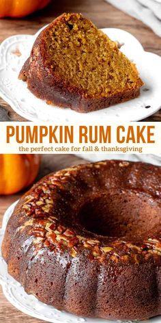 pumpkin rum cake on a white plate with text overlay