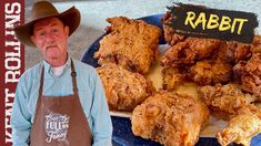 an old man standing in front of a plate of fried chicken