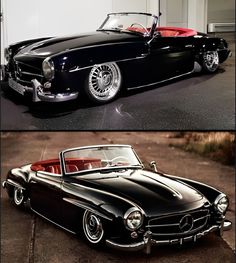 an old and new car are shown in this split screen image, one is black with red interior