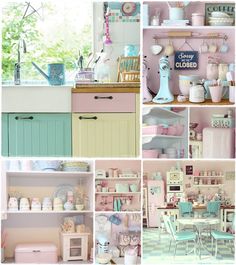 a collage of photos with pastel colors in the kitchen