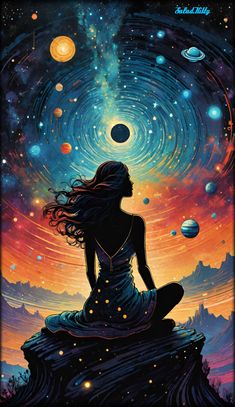 a woman sitting on top of a rock in front of the sky with planets and stars