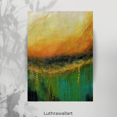 an abstract painting with green and orange colors