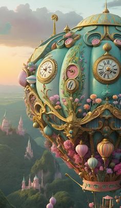 a hot air balloon with many clocks on it's side in front of a castle