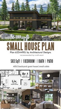 the small house plan is shown in two different colors and sizes, with an open floor plan