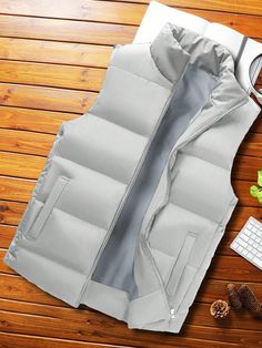 Men 1pc Zipper Front Vest Padded Coat Grey Casual  Sleeveless Fabric Plain vest Slight Stretch  Men Clothing, size features are:Bust: ,Length: ,Sleeve Length: Plain Vest, Couple Pajamas, Mens Winter Coat, Winter Outfits Men, Winter Jacket Men, L And Light, Padded Coat, Mens Vest, Mens Outerwear