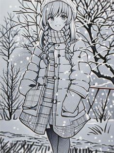 a drawing of a girl walking in the snow