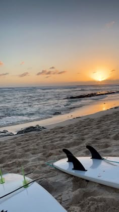 two surfboards are laying on the sand near the ocean as the sun goes down